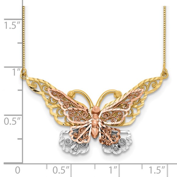 14k Yellow & Rose Genuine Gold with Rhodium Butterfly 17" Necklace - Picture 3 of 3